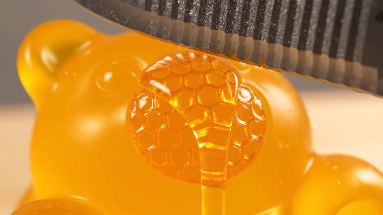 Cutting a gummy bear filled with honey