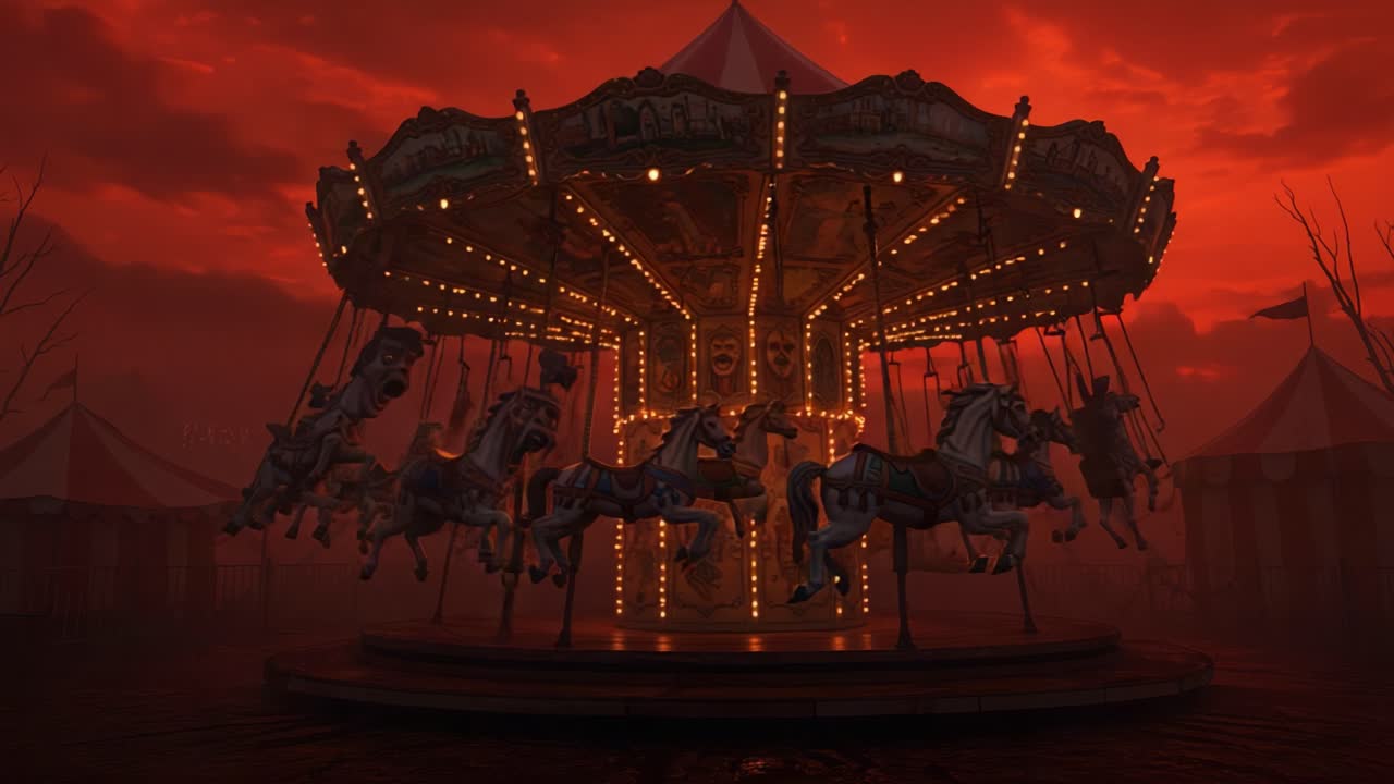 A Hauntingly Beautiful Carousel Stands Still Under a Dramatic Red Sky, Capturing the Eerie Yet Enchanting Atmosphere of a Forgotten Carnival at Dusk