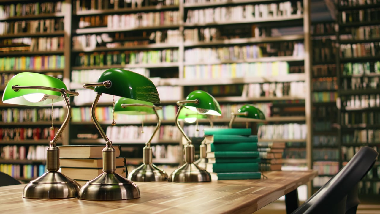 Hoher Bücherstapel auf einem Bibliothekstisch mit grünen Lampen vor Bücherregalen.