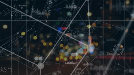 animación de la red de conexiones con procesamiento de datos y ecuaciones matemáticas sobre la ciudad