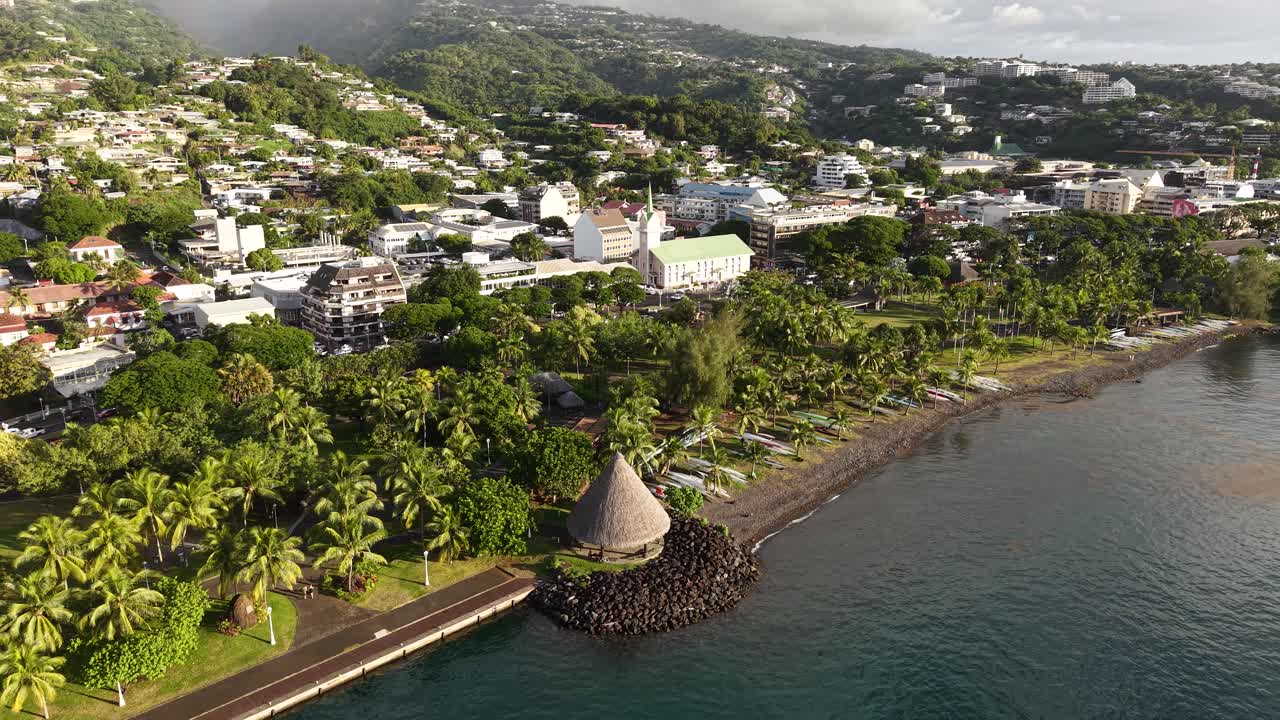 Drone Shot of Papeete, Tahiti Island, french Polynesia. Promenade, City Traffic and Buildings