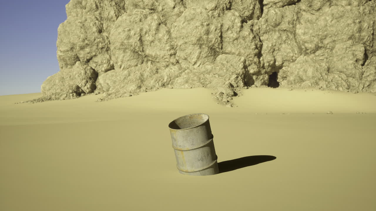 Desert landscape with rusty barrel standing amidst sandy terrain and rocks