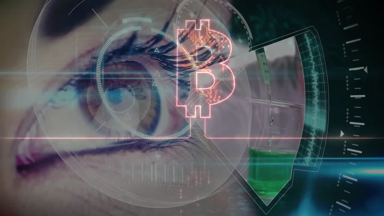 Bitcoin symbol overlaying eye with animation, representing digital finance in laboratory