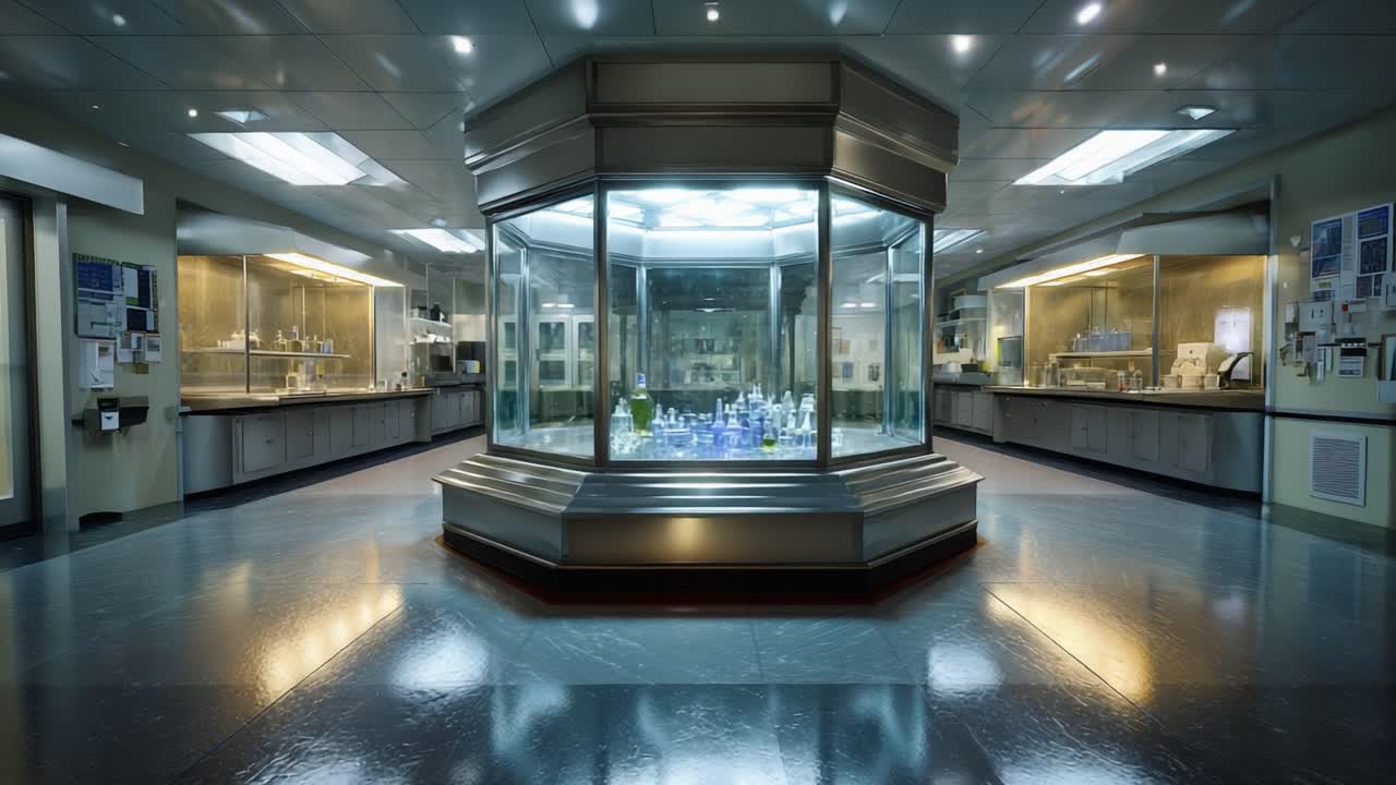 Una presentación de laboratorio moderno con cristalería compleja y equipos de alta tecnología bajo condiciones de iluminación elegantes para la investigación científica y la innovación