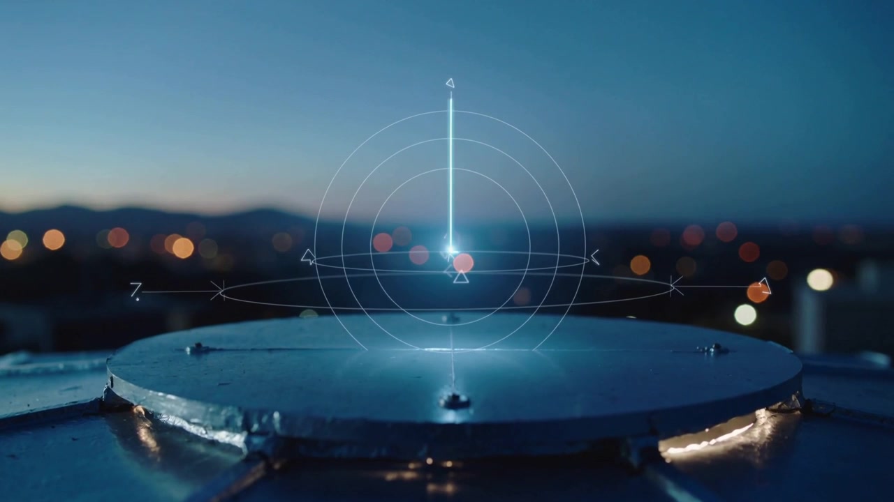 Emerging blue light above rooftop hatch, concentric HUD brightening, beams extending, forming scan