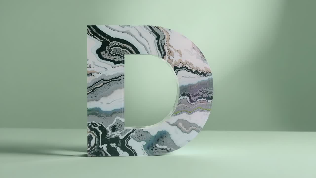 Rotating marbled 3D letter D on green platform when starting animation, showcasing marble veins