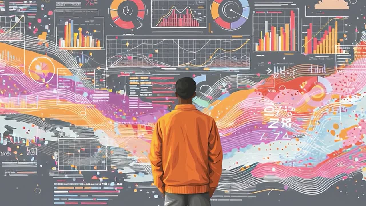 Data analyst analyzing trends and patterns in vibrant digital graphics