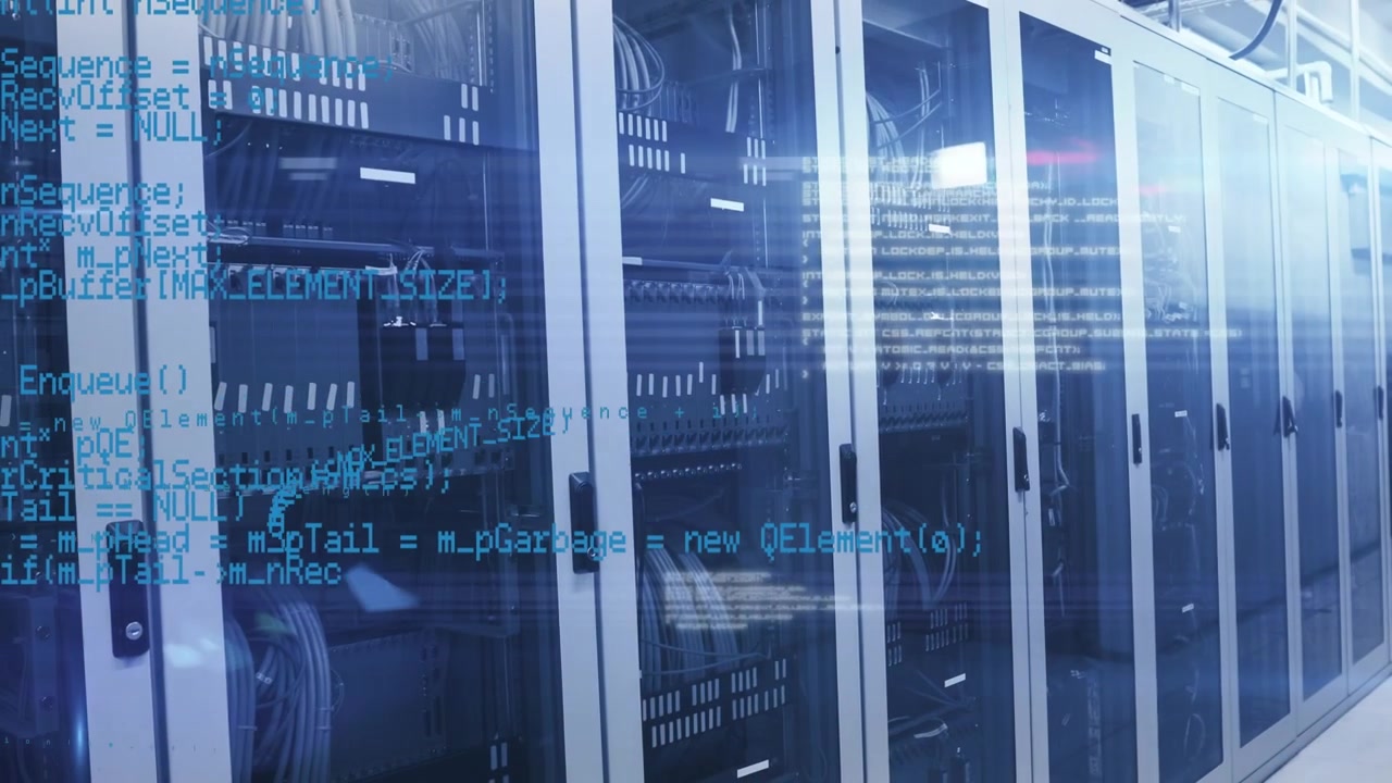 Animation of data processing and lights over servers