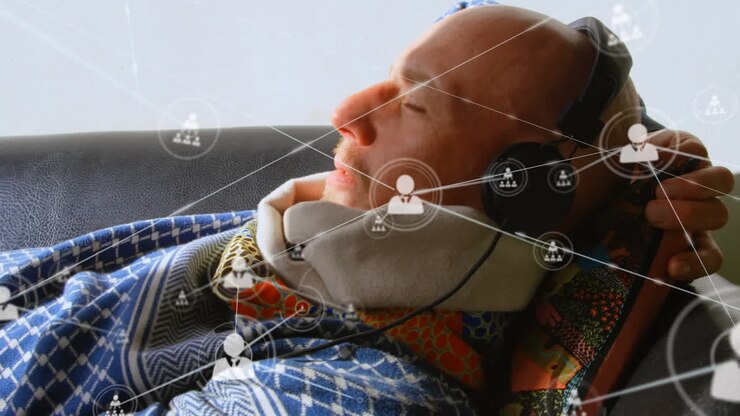 Animation of networks of connections with icons over man using smartphone