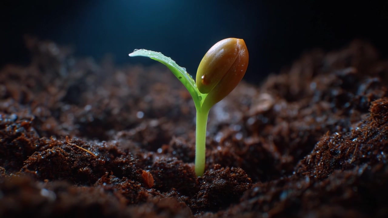 Una plántula emerge del suelo, mostrando la resiliencia de la naturaleza y la belleza del crecimiento, con colores vibrantes que acentúan la delicada nueva vida.