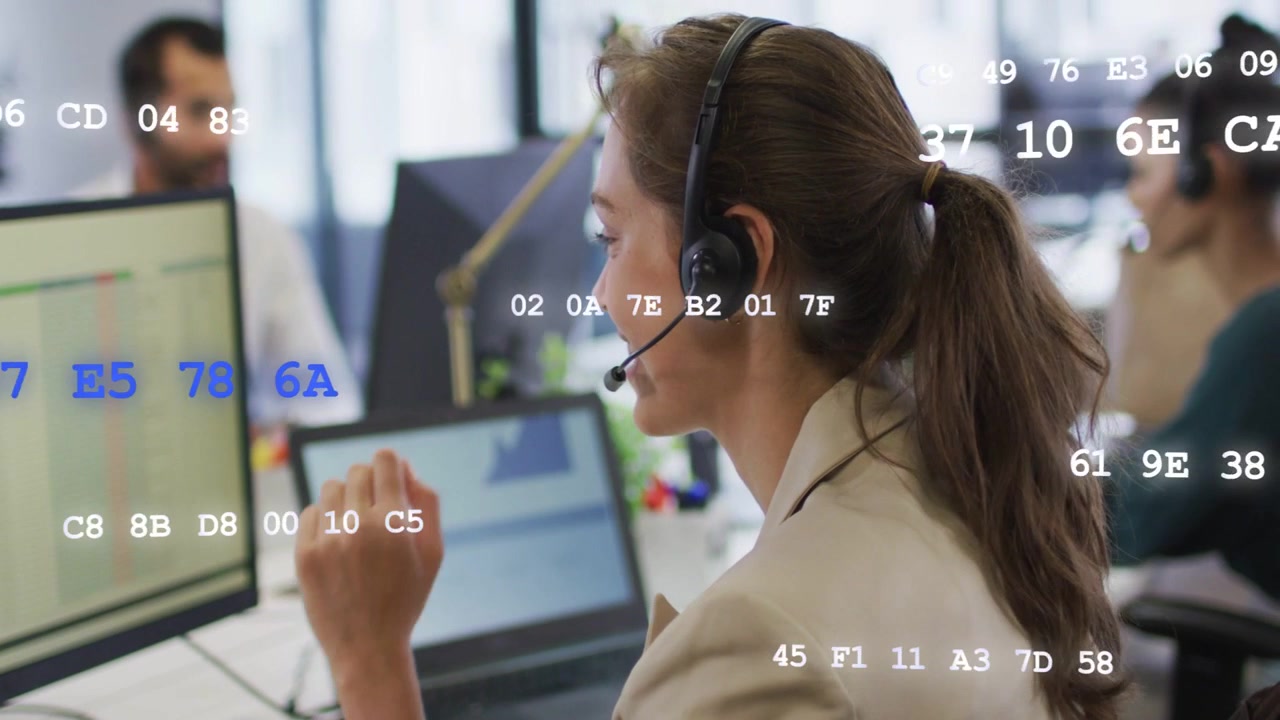 Woman support agent adjusting mic and speaking while resolving issue with data highlighting screen