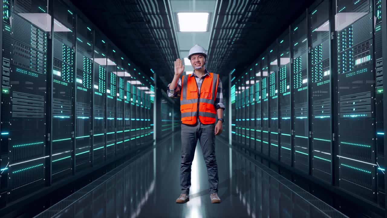 Full Body Of Asian Male Engineer With Safety Helmet Smiling To Camera And Waving Hand Saying Bye While Standing in Server Room Data Center