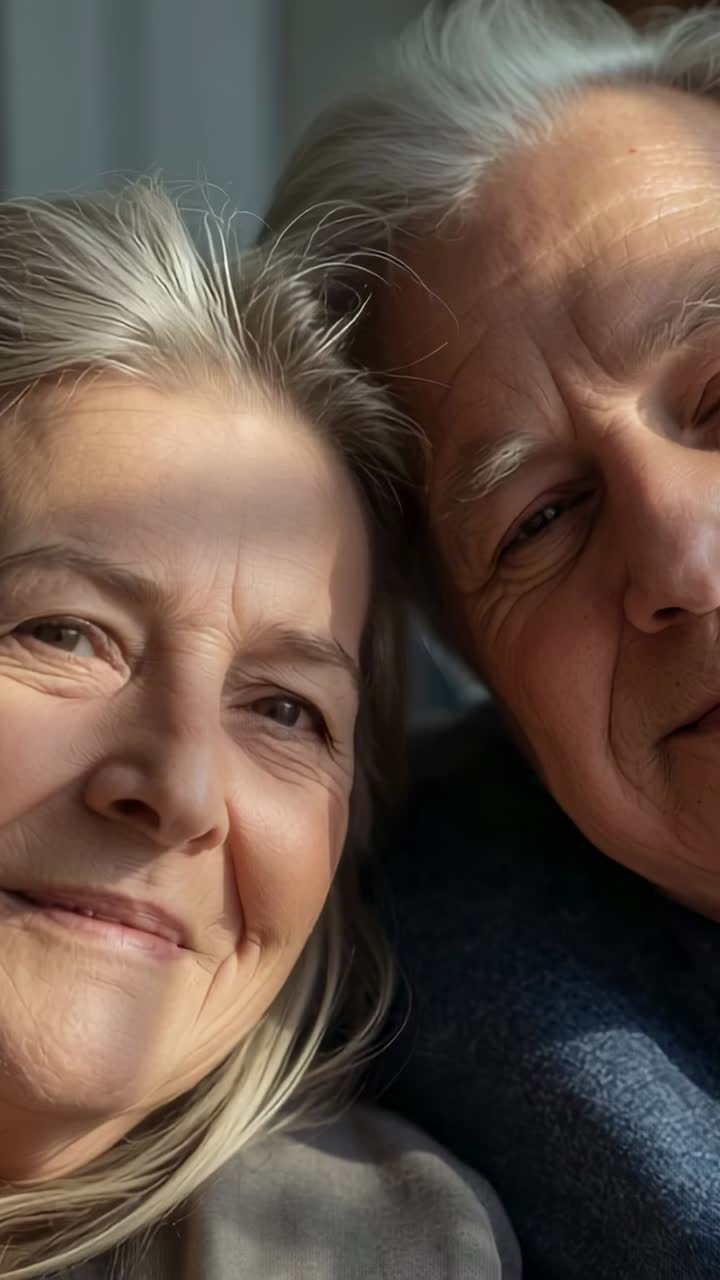 Vertical video: Phone starting recording, senior couple smiling at home near blinds, blouse sweater