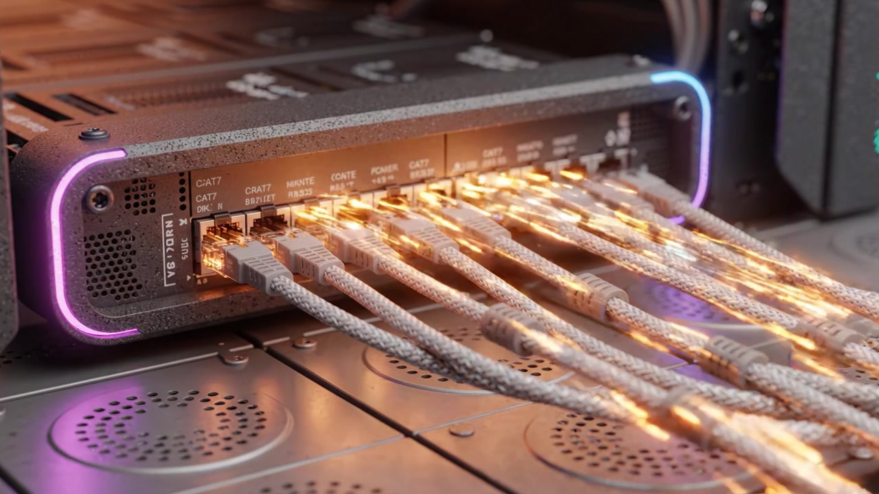 High-Performance Network Switch with Illuminated Ports and High-Speed Ethernet Connections Showcasing Advanced Connectivity in Modern Computer Systems
