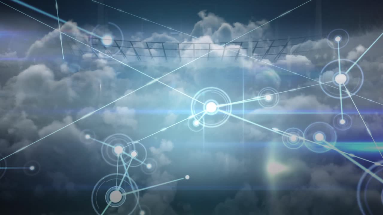 animación de la red de conexiones a través de nubes y estadios deportivos