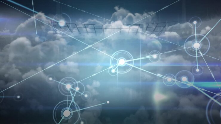 Animation of network of connections over clouds and sports stadium