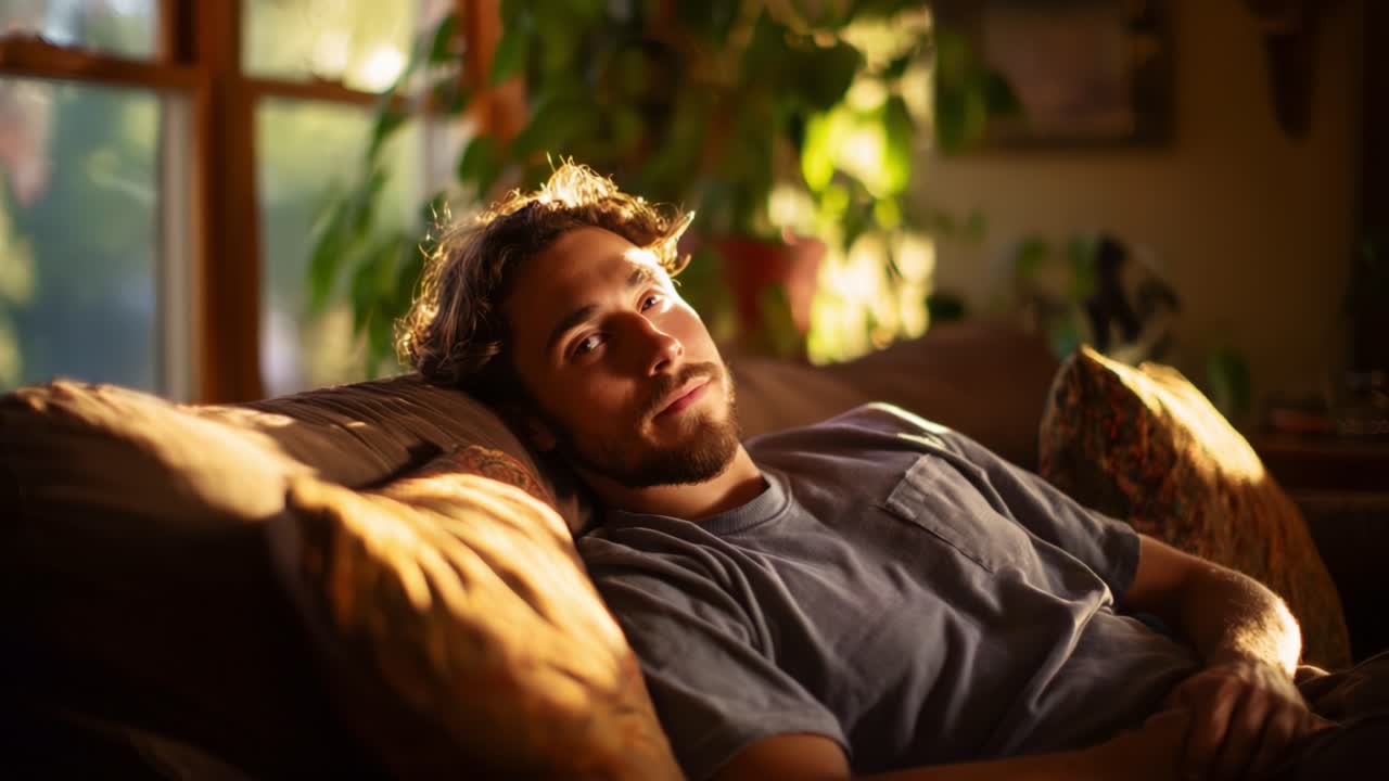 Et eftertænksomt øjeblik: En ung mand slapper af på en sofa omgivet af naturligt lys og frodigt grønt, fanget i et hyggeligt indendørs miljø