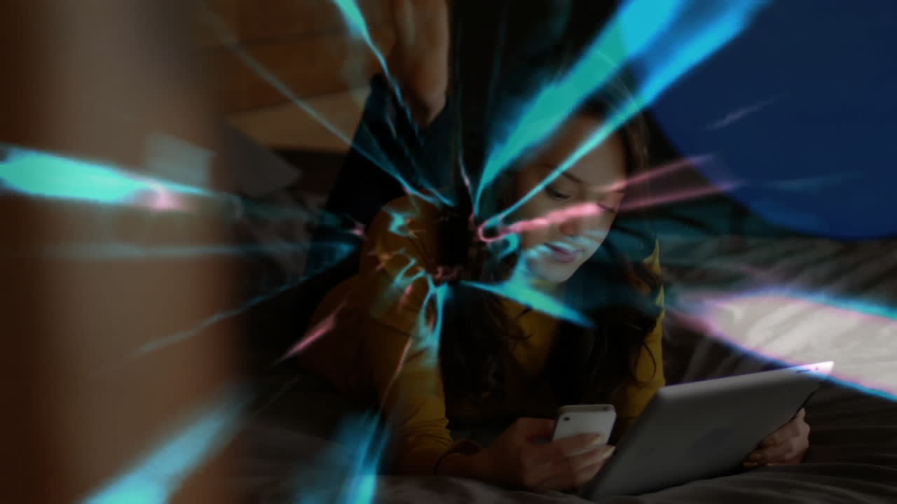 woman reclining using smartphone and tablet in bedroom, displaying abstract digital tech streaks