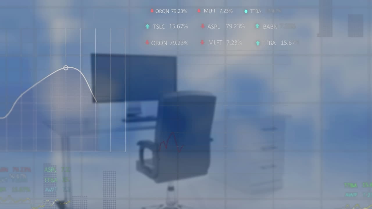 animazione dell'elaborazione dei dati statistici e del mercato azionario contro la scrivania dell'ufficio.