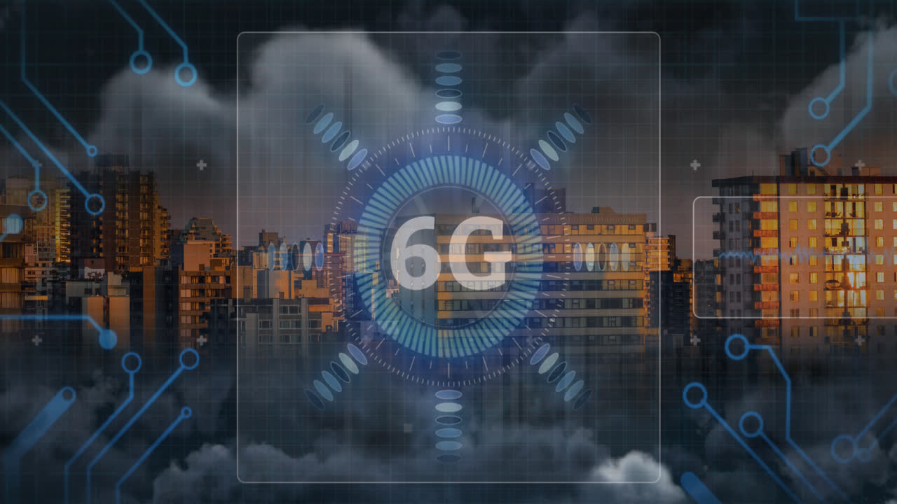 animazione di testo 6g, elaborazione dei dati e scansione della portata su schermi su cityscape