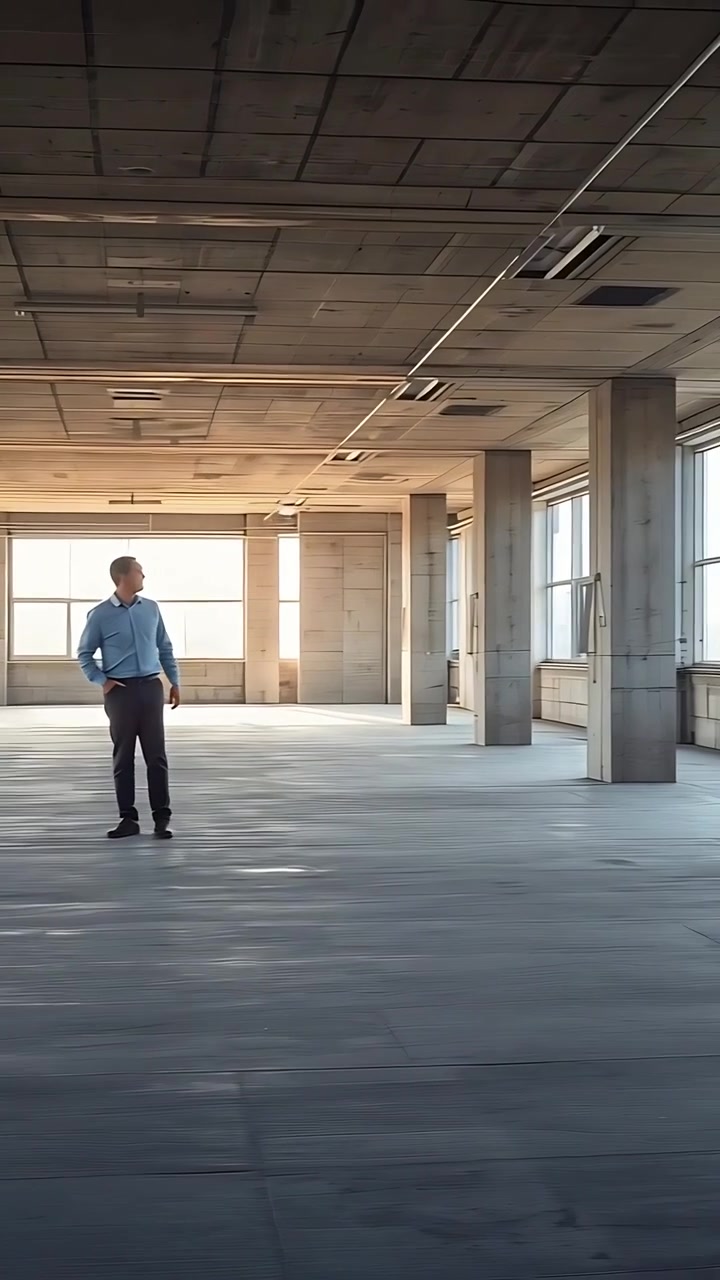Vertical video: Standing man in blue shirt inspecting and walking across concrete office by columns