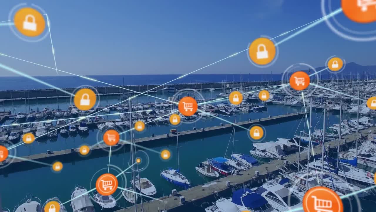 도시 풍경 위의 아이콘으로 연결된 네트워크의 애니메이션