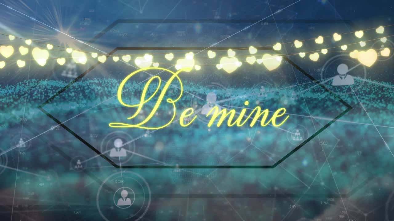 Animazione del testo "be mine", connessioni e elaborazione dati