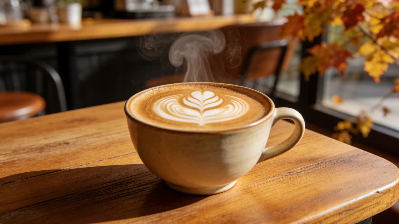 Tazza di ceramica per latte macchiato che rilascia vapore dopo essere stata appena versata, con latte art su un tavolo di legno vicino alla finestra di un caffè.