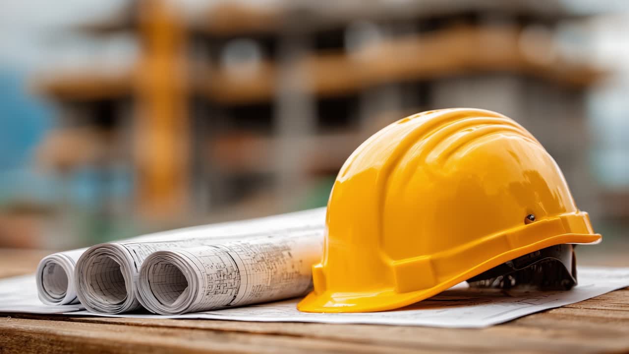 A Construction Worker’s Essential Gear: A Bright Yellow Hard Hat Resting on Architectural Blueprints at a Construction Site, Symbolizing Safety and Planning in Building Projects