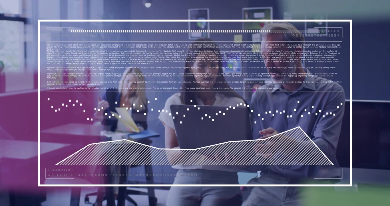 Woman holding laptop and man pointing, HUD appearing and animating waveform, collaborating on UX