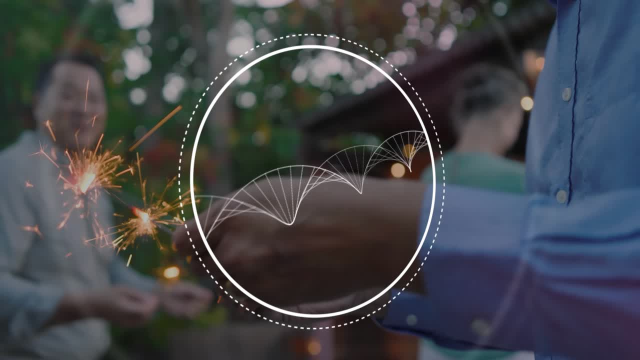 Group lighting and passing sparklers, celebrating dusk, tech graphic animating around faces