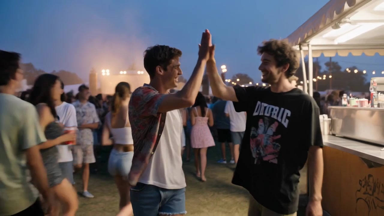 Gående mand i printet skjorte bevæger sig gennem aftenfestival, spotter en ven og giver high-five nær telt.