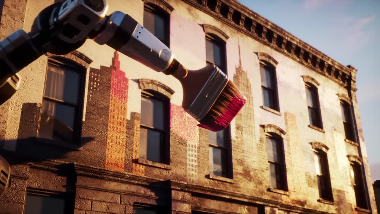 A robotic arm meticulously painting a detailed mural of a city skyline on the side of a building, showcasing the fusion of technology and artistry in urban environments