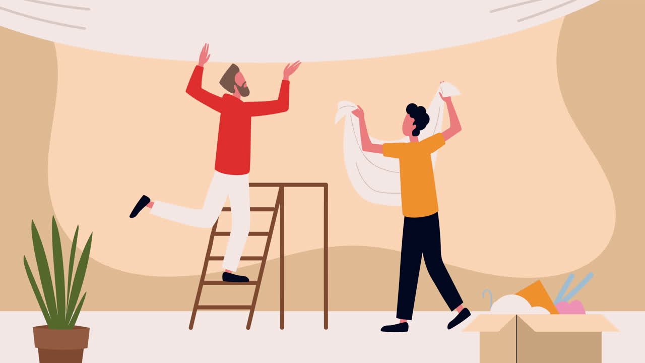 dos hombres colgando tela en un techo