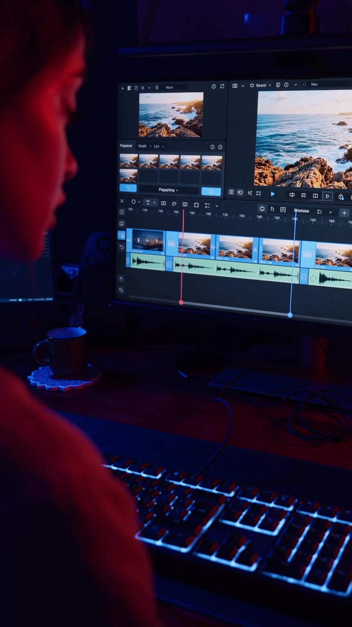 Editor Video Bekerja pada Proyek di Studio Gelap