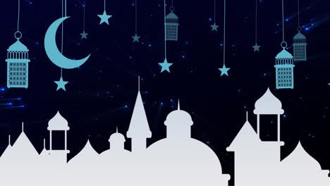 animation of crescent, stars and mosque buildings in background
