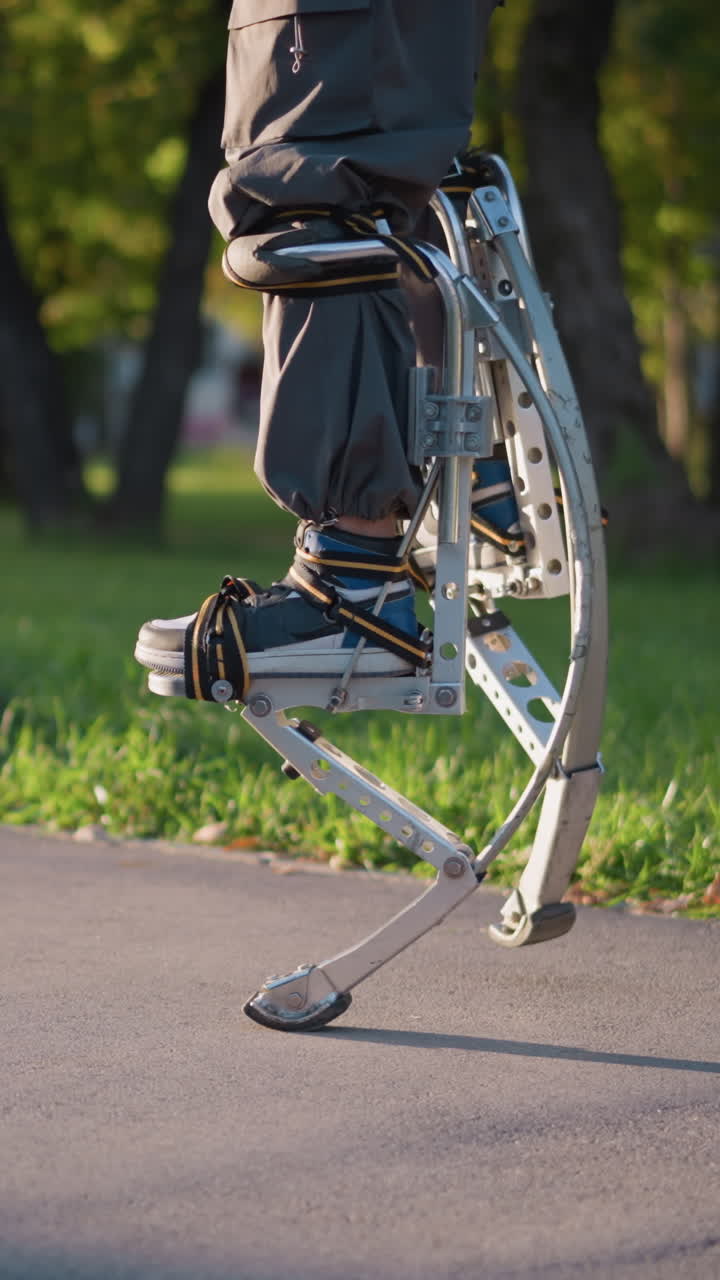 공원에서 포장된 길에서 스프링 스을 사용하는 사람, 어두운 회색 바지와 운동 신발을 입고, 다리와 스에 초점을 맞추는 낮은 각도에서 찍은 사람, 역동적인 움직임과 에너지를 보여줍니다.