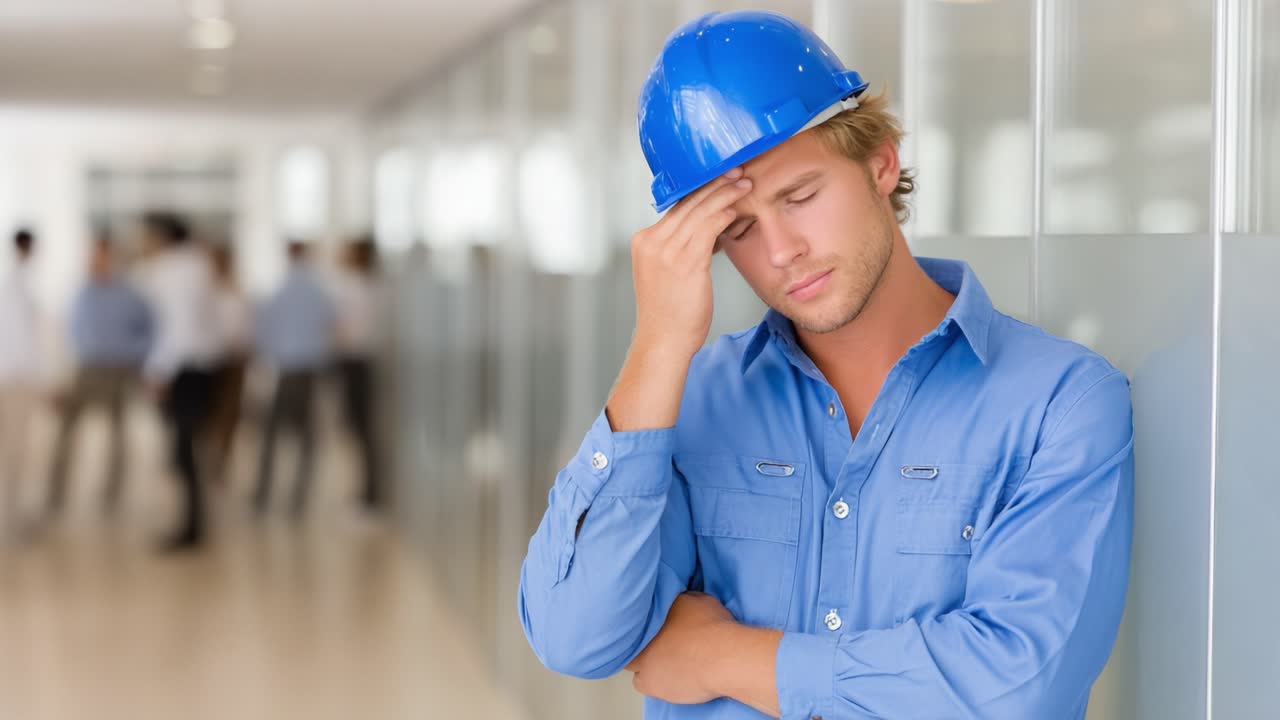 A Construction Worker in Blue Hard Hat Experiencing Stress and Concentration in an Office Environment, Indicating Challenges in Project Management and Work-Related Pressures