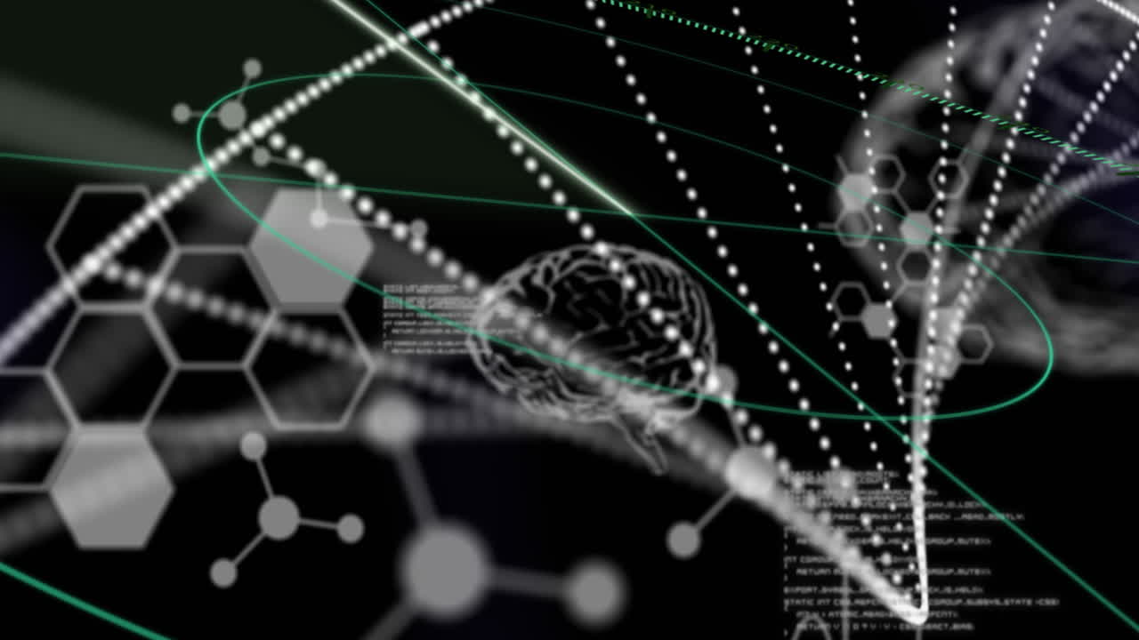 검은 배경에 대한 인간의 뇌 아이콘, dna, 분자 및 화학 구조의 애니메이션