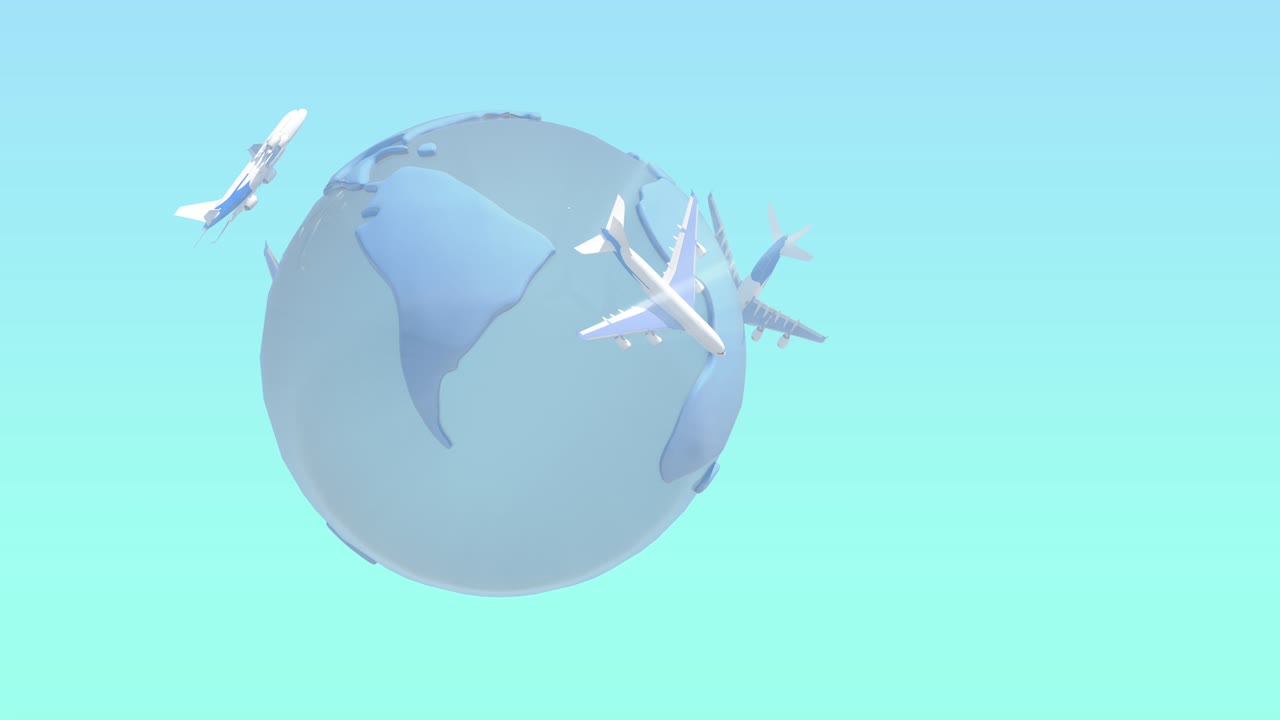 전 세계를 날아다니는 비행기, 지구 또는 지구 행성, 관광, 여행, 휴가, 비즈니스 또는 공항 개념, 4k 해상도의 블루 라이트 배경, 알파 채널