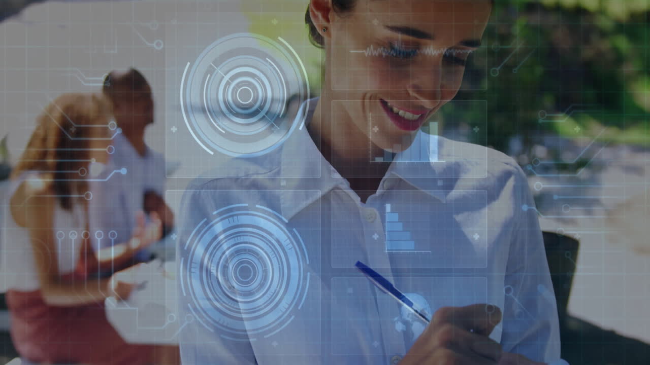 Business colleagues writing notes outdoors, displaying circular HUD graphics and bar charts