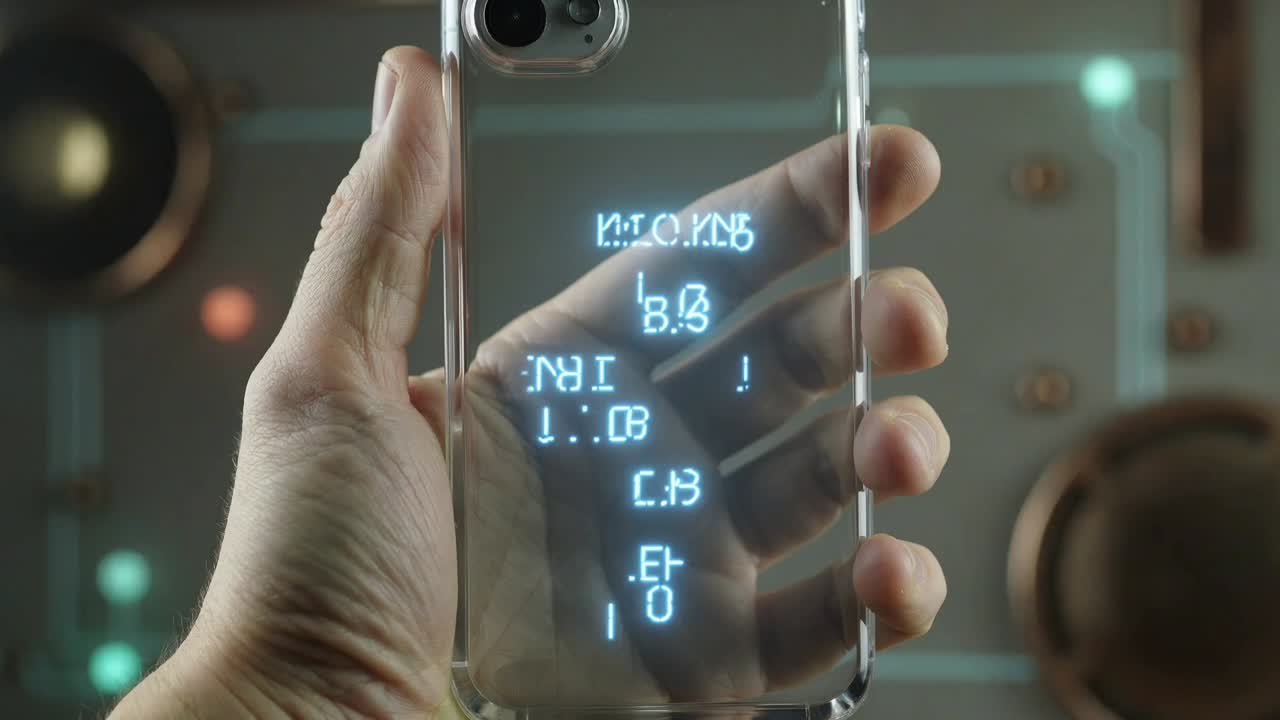 Holding hand tilting phone case while cyan holo readout appearing and scrolling in lab viewing data