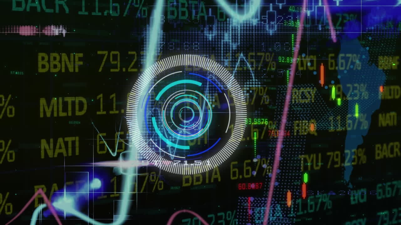 Animation of scope scanning, numbers and data processing on blue background