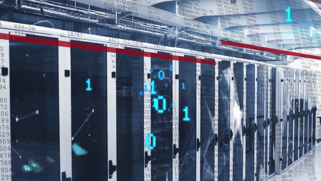 Animation of data processing, binary coding and plexus networks against computer server room