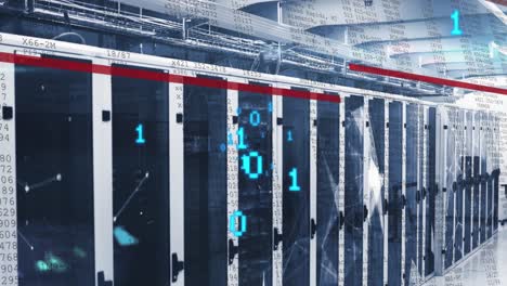 animation of data processing, binary coding and plexus networks against computer server room