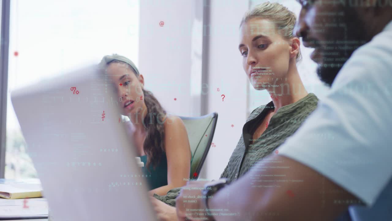 Man operating laptop, moving trackpad and drawing two colleagues to lean in for business review