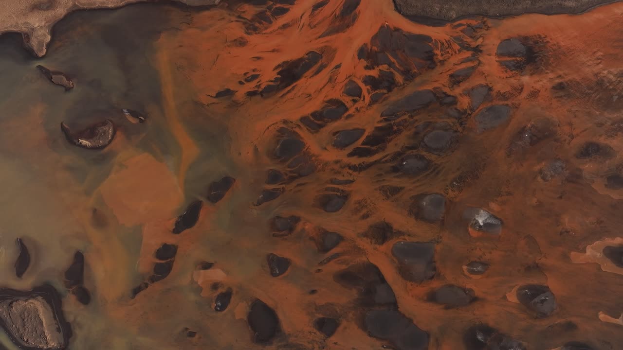 Breathtaking aerial view of surreal volcanic sediment formations, Þjórsá River in Iceland,