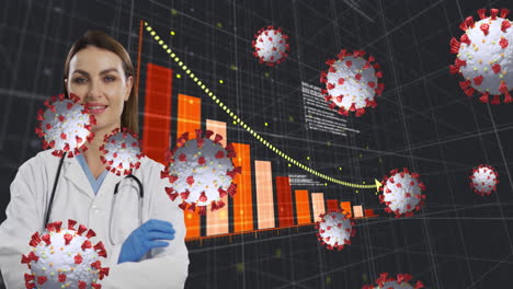 animation of covid 19 cells and statistics recording over female doctor smiling