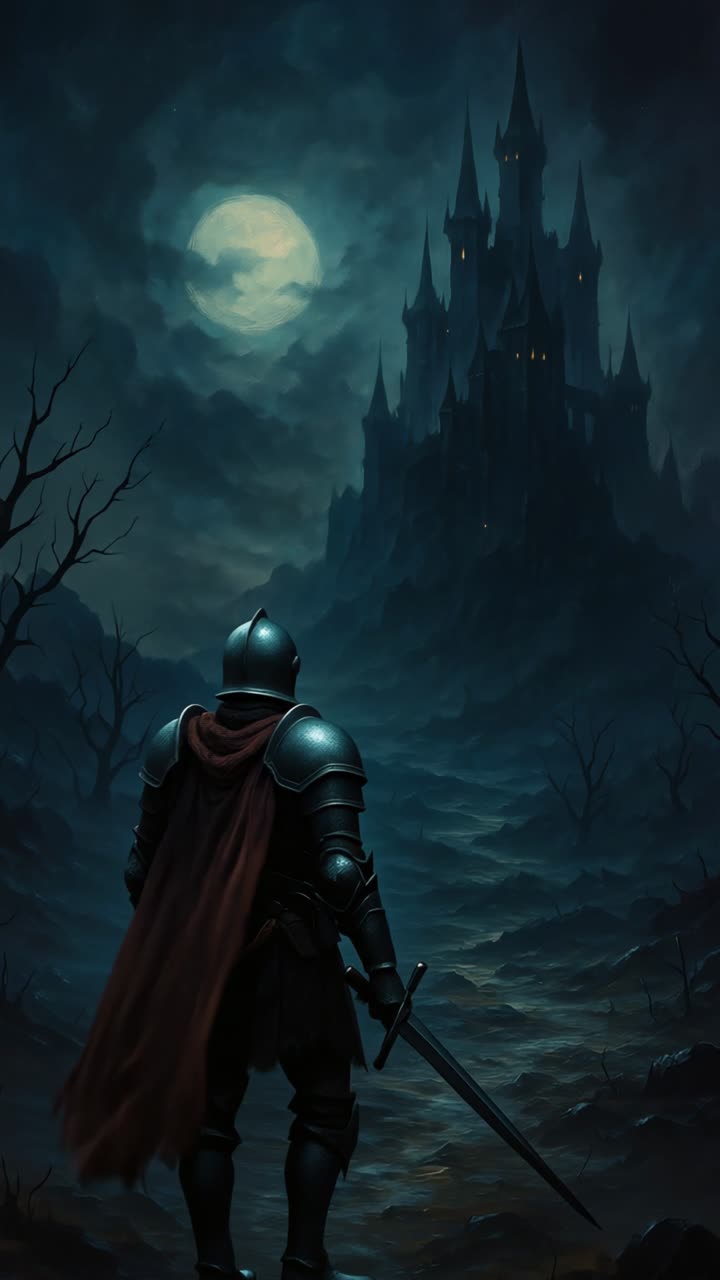 A knight in armor stands in a dark, eerie landscape, facing a looming castle under a full moon
