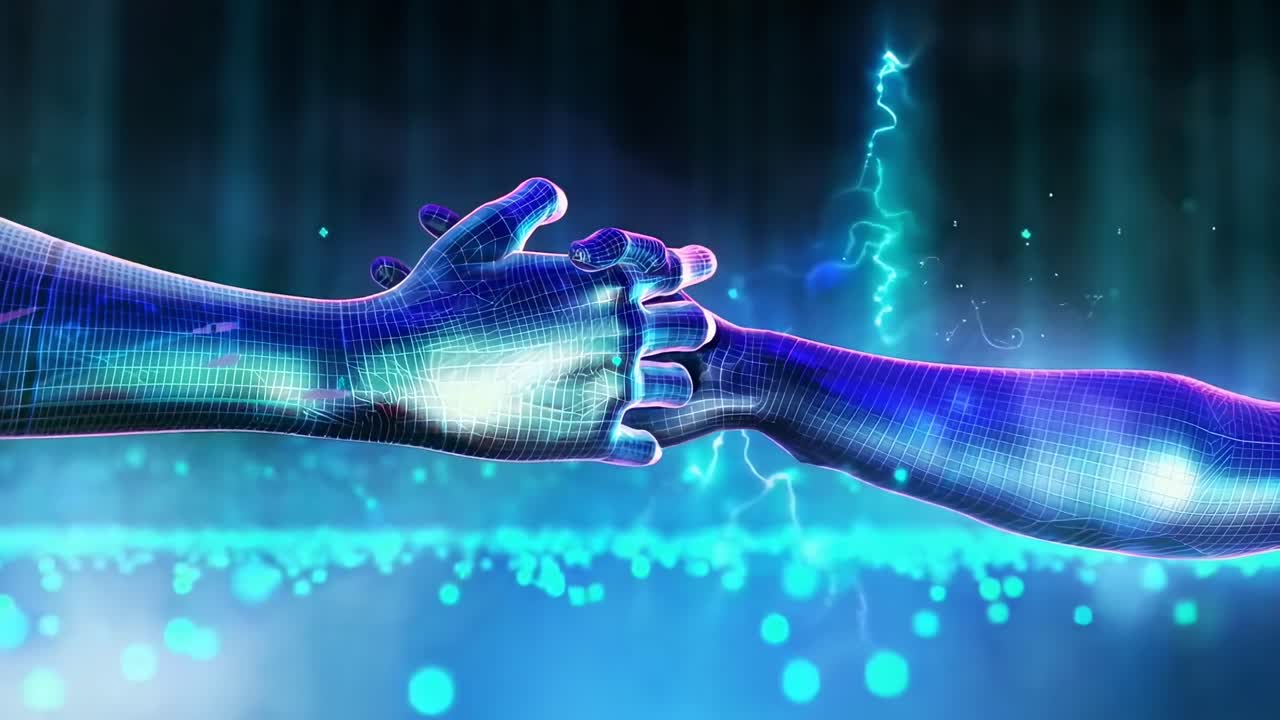 Concepto de video futurista con manos digitales extendiéndose, ángulo lateral, estilo de estructura alámbrica luminosa